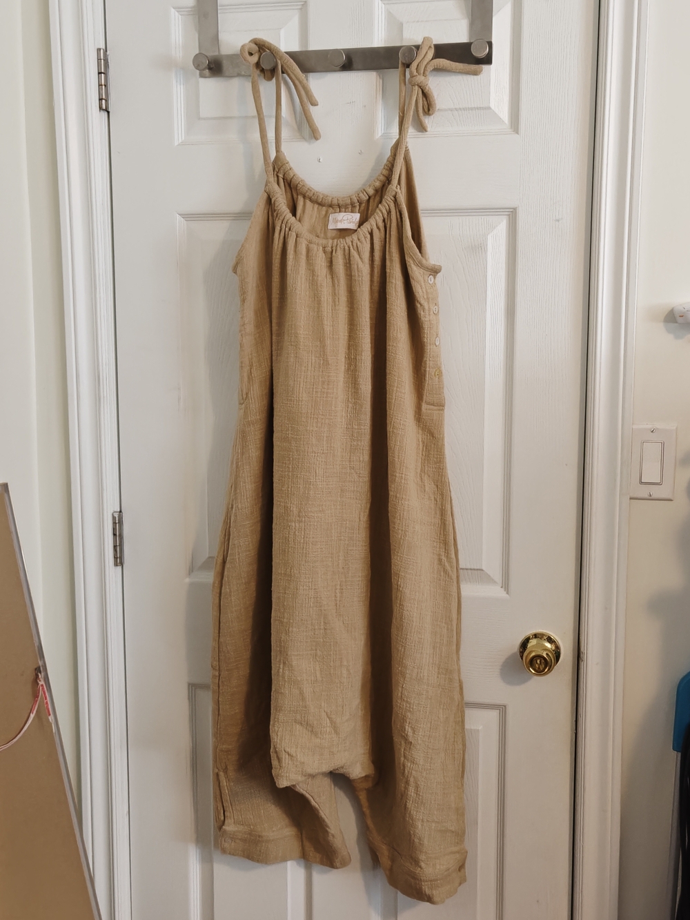 Myrah Penaloza Khaki Tan Linen Harem Jumpsuit Romper Size S-L